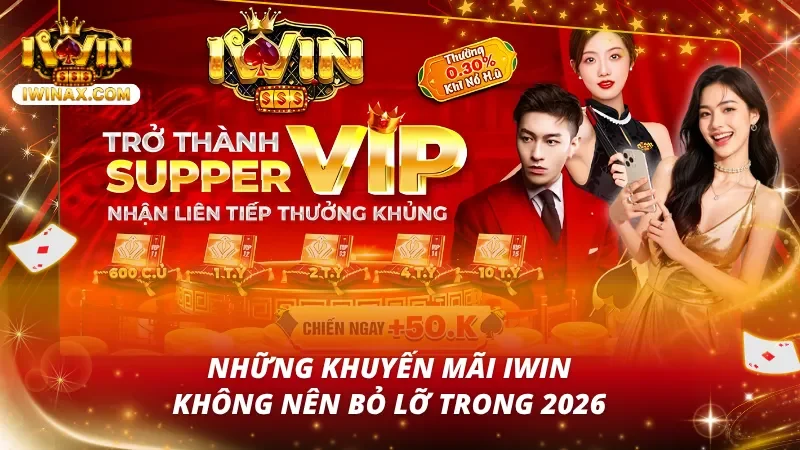 Banner Super VIP IWIN với các mốc thưởng và ưu đãi 50K cho hội viên